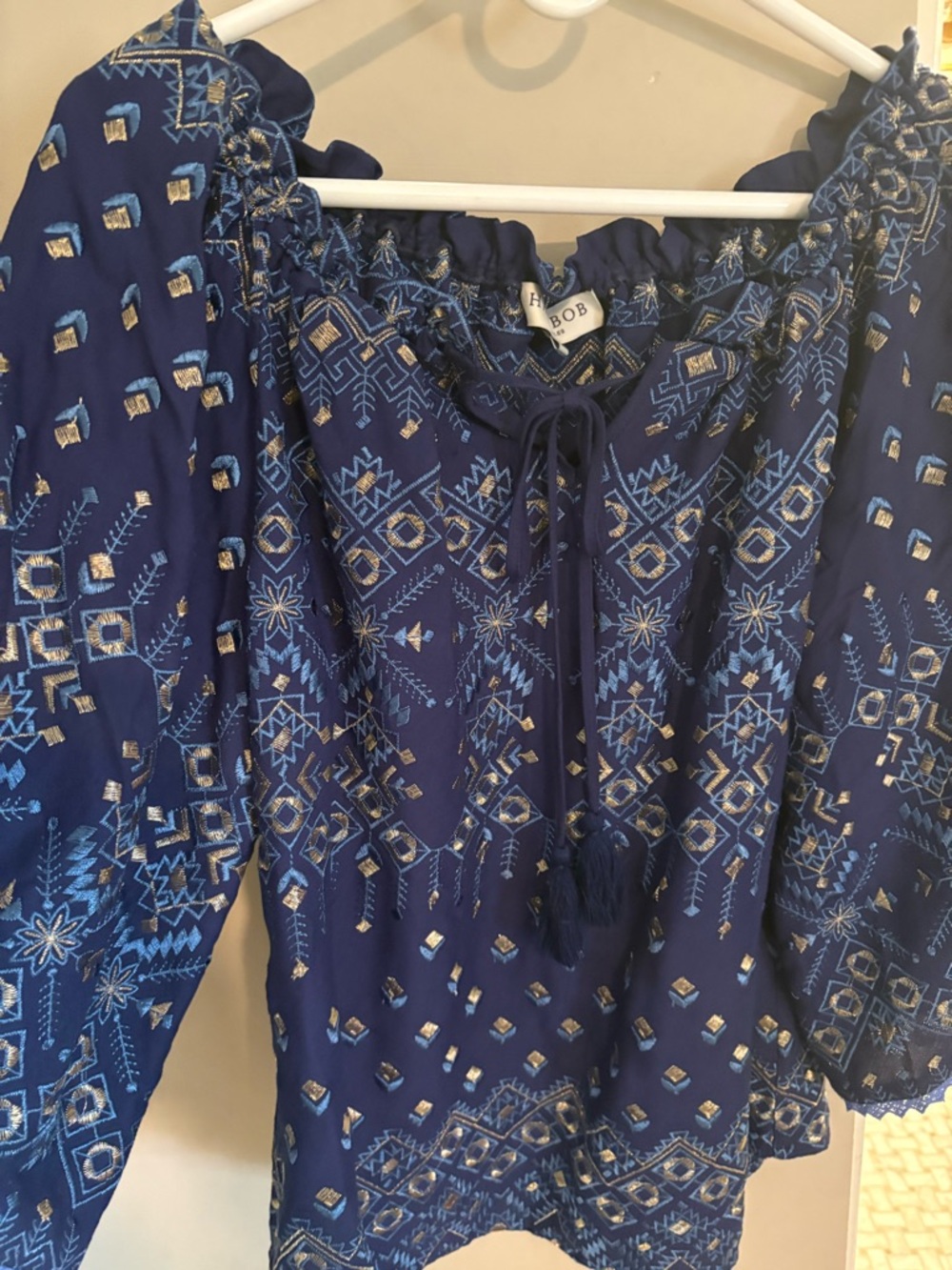 Hale Bob Navy Top with Light Blue and Gold Embroidery